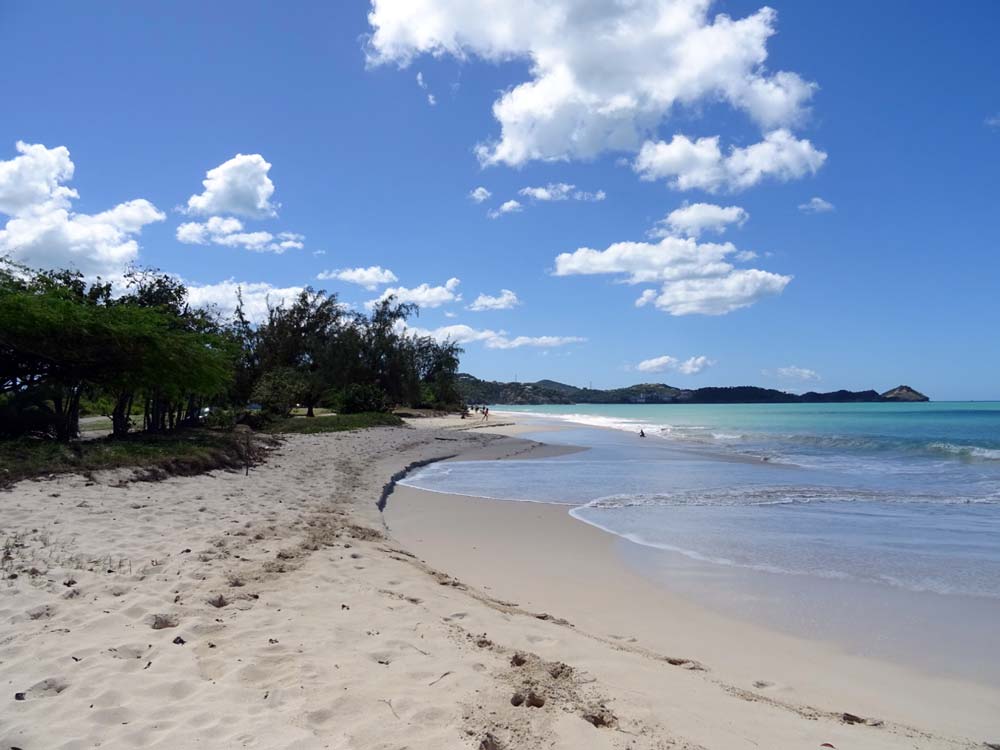 Quiet white-sand beach curving along a calm bay
