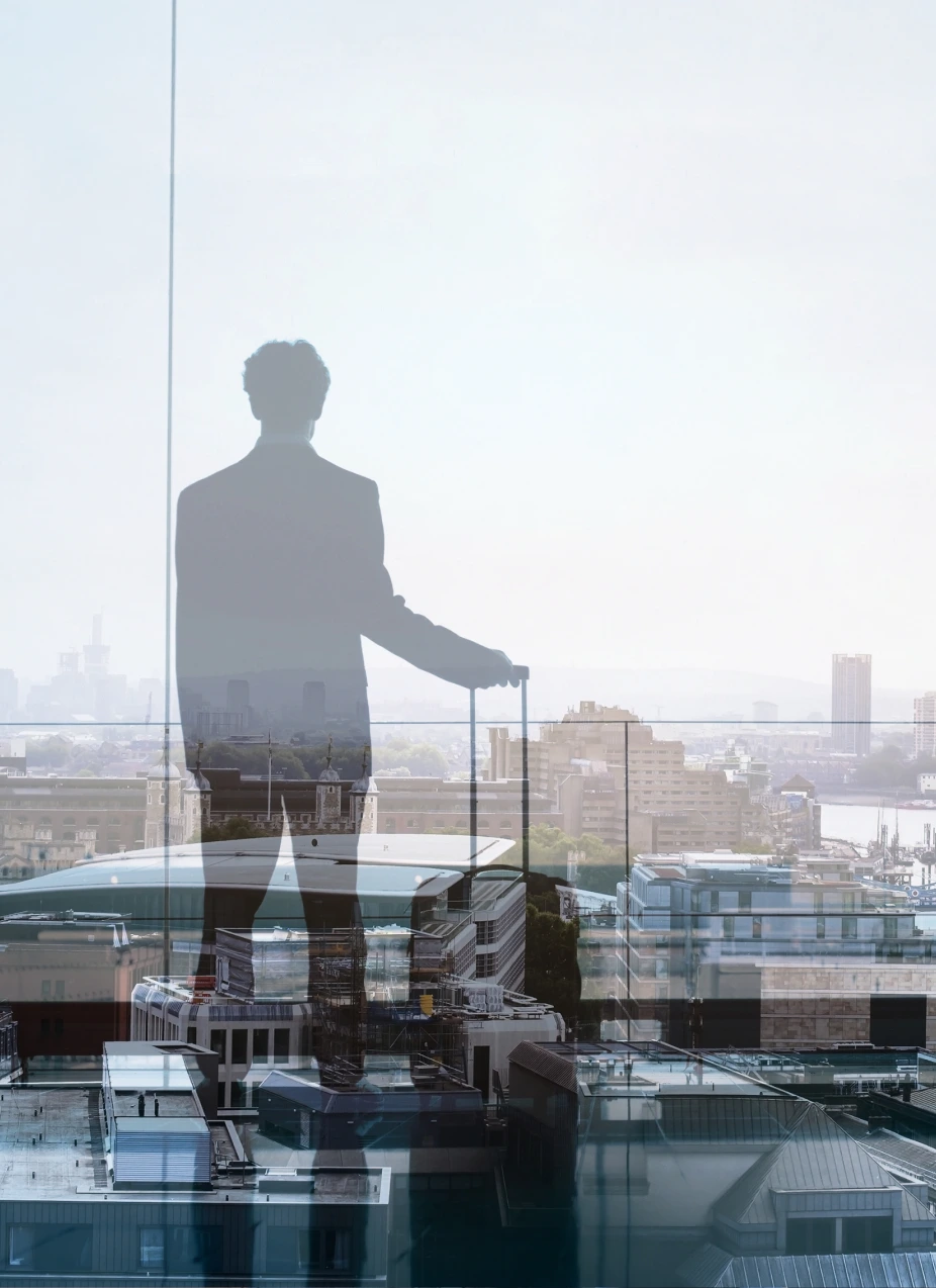 Business traveller with a suitcase overlooking a city skyline